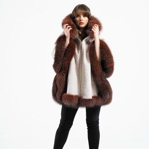 Beige fur with leather poncho